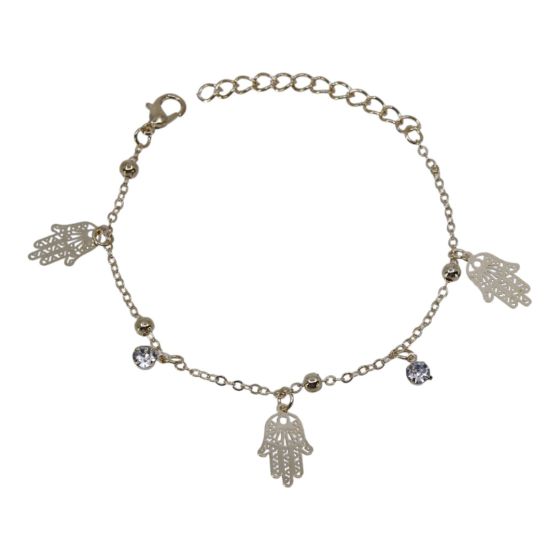 Gold colour plated hamsa hand charm design bracelet with genuine Clear crystal stones.
