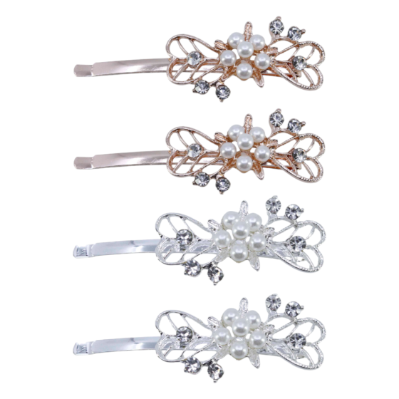 Rhodium or Rose Gold colour plated hair slides with genuine Clear crystal stones and White imitation pearls.
