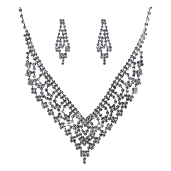 Rhodium colour plated necklace and pierced drop earrings set with genuine Clear crystal stones.
