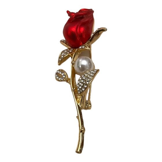 Venetti collection, Gold colour plated rose design brooch with genuine Clear crystal stones, imitation White pearl and matt Red enamel detail.