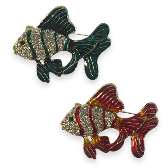 venetti Collection gold colour plated enamel Fish

brooch with genuine crystal stones.

Available in red or Green.

Sold as a pack of 3 per colour or 4 assorted.

Size approx 4.5 x 5 cm