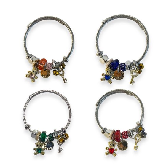 Two tone ladies adjustable bangle with  teddy bear charms and assorted beads and and charms embelished with genuine crystal stones and seed pearls.

Available in Emerald green ,Royal Blue ,Light Rose ,and sIam .

Sold as a pack of 3 per colour or 4 as