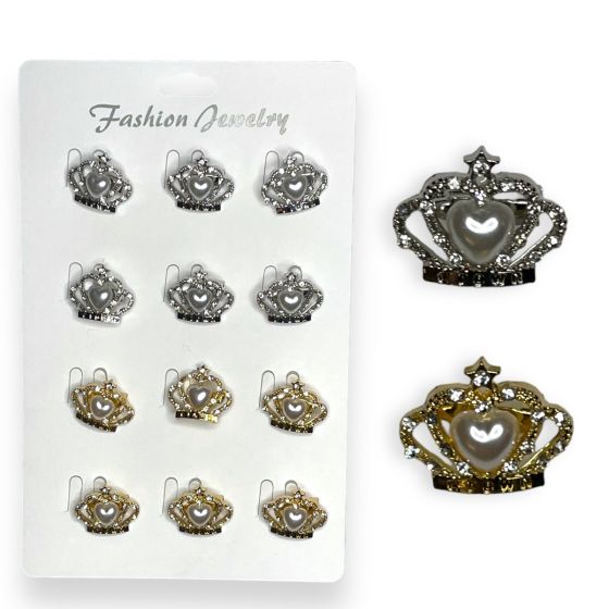 Ladies Crown brooch with imitation pearl detail and diamante stones .

Available Gold colour plating and Rhodium colour plating .

Sold as a pack of 12 assorted .

comes on a display card for easy sale .