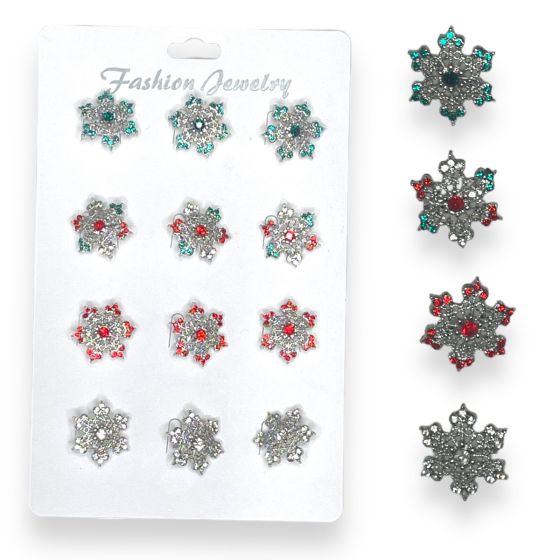 Assorted Christmas snowflake brooches.

Available in 3 colours . Red ,Red /cry /green multi ,Green ,and Clear.

Sold as a pack of 12 assorted on a display card for easy sale .