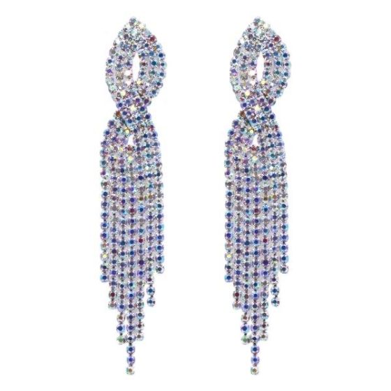 Ladies diamante long  drop earrings wiyh small genuine crystal ab stones .

Available in Rhodium colour plating.

sold as a pack of 3 

Size approx 9 x 1.5cm