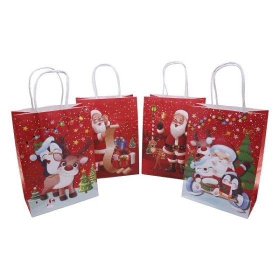 Large  Size  recyclable Christmas paper gift bag in 4 assorted Christmas Santa  designs with a rafia  handle .

Sold as a pack of 12 assorted .

Size approx 15x18 x21cm .

Discount available  in quantity .