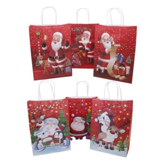 Large  Size  recyclable Christmas paper gift bag in 4 assorted Christmas Santa  designs with a rafia  handle .

Sold as a pack of 12 assorted .

Size approx 15x18 x21cm .

Discount available  in quantity .