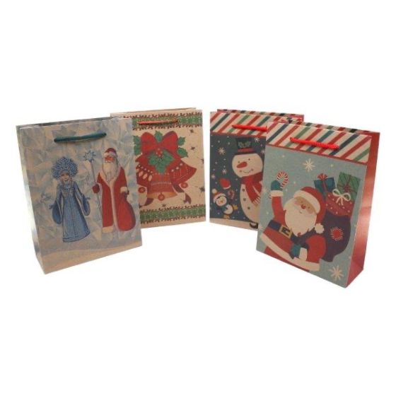 Small   Size  recyclable Christmas paper gift bag in 4 assorted Christmas  designs with a rafia  handle .

Sold as a pack of 12 assorted .

Size approx 11 x14 x 5.6 cm

Discount available  in quantity .