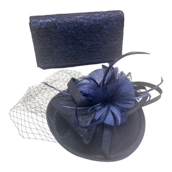 Ladies beautiful Navy lace  evening bag with chain shoulder strap in rhodium colour plating  with matching  coloured Fascinator with  Feather and net detail .

We have done the work for you be teaming up this gorgeous set great fot that special occasion