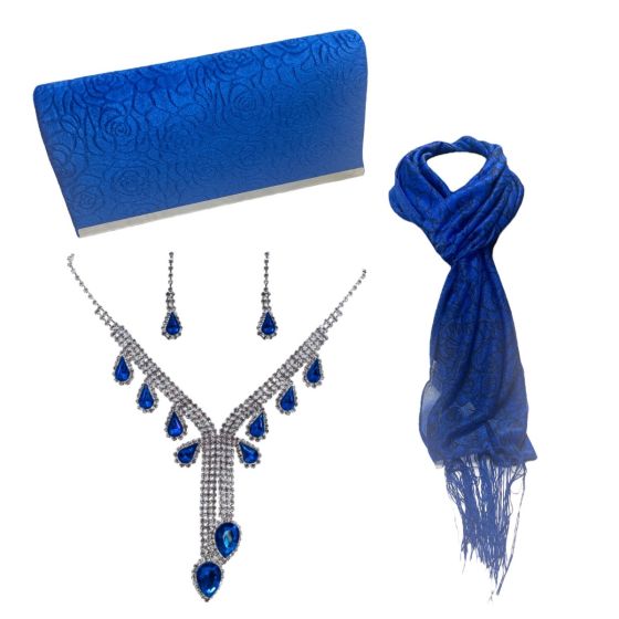 Amazing Value Evening Set great for that special occasion .

Set includes stunning Velvet evening bag with an embossed rose design with magnetc fastner and rhodium chain shoulder strap  .Set includes  rose design scarf and diamante set with genuine crys