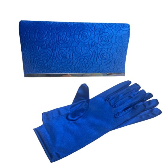 Ladies Royal Blue embossed Velvet Evening bag with rose design and Silver colour plated trim with a magnetic fastner and rhodium colour plated chain handle ,Has been teamed up with matching Royal Blue stretch satin eavning gloves..

Sold as a pack of 1.