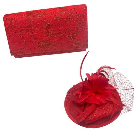 Ladies quality Sinamay fascinator with feather trim and netting detail has been teamed up with this gorgeous lace front with lurex evening bag. Bag has a  mgnetic fastner and rhodium plated chain shoulder strap .

Sold as apack of 1 .

Please go to  t