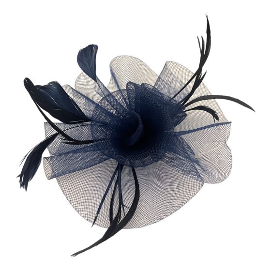 Ladies fascinator with pretty rosette and feather detail on a concord clip .

Available in Bottle Green Navy Cream and Burgundy .

sold as a pack of 3 per colour or 4 assorted .