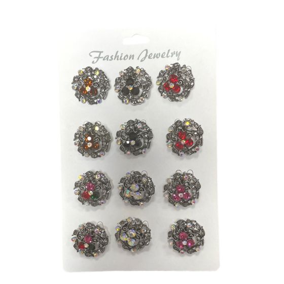 Ladies Antique Silver colour plated pretty filagree brooch with a crystal daisy design .

Stones are genuine crystal .

Brooches are assorted on a display card for easy sale in Jet with Ab crystal ,Rose  /Ab , Ab ,Topaz  , siam / ab ,Ab and Fuchsia Mu