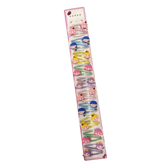 Girls assorted coloured enamelled metal bendy clips with assorted acrylic girl design motifs .

Sold as a pack of 10 pairs assorted  on a clip  strip for easy sale .