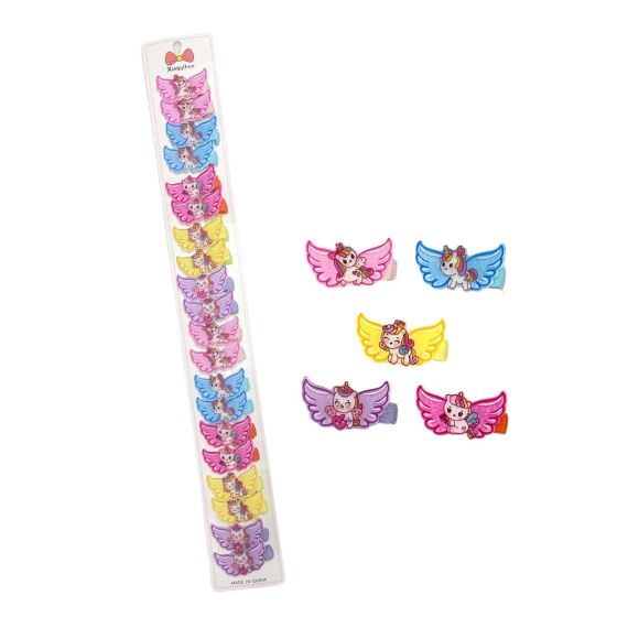 Girls Acrylic Unicorn with wings in assorted designs and colours on a fabric covered concrd clip .

Sold as a pack of 10 pairs assorted on a clip strip for easy sal