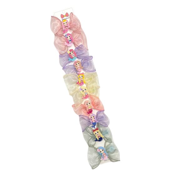 Girls Organza bow with assorted mermaid design motif on a ribbon covered concord clip.

Available as a pack of 10 assorted .