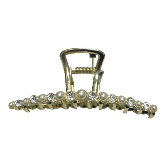 Nice quality  Gold colour plated  clamp  embelished with genuine crystal stones with imitation pearl .

Available as a pack of 3.

Size approx 9.5  cm