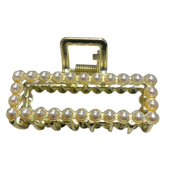 Nice quality  Gold colour plated rectangular  clamp with imitation pearl .

Available as a pack of 3.

Size approx 6.5  cm