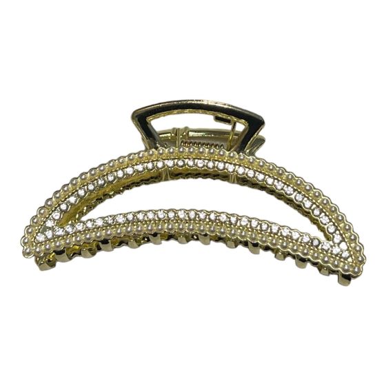 Quality gold colour plated metal clamp encrusted with one row of genuine crystal stones and one row of imitation pearls .

Sold as a pack of 3 .

Size approx 8 cm