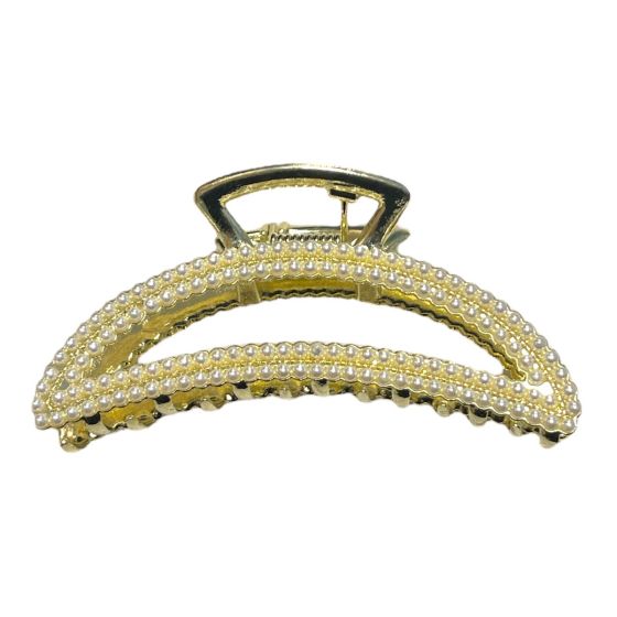 Quality gold colour plated metal clamp encrusted with two rows of imitation pearls .

Sold as a pack of 3 .

Size approx 8 cm