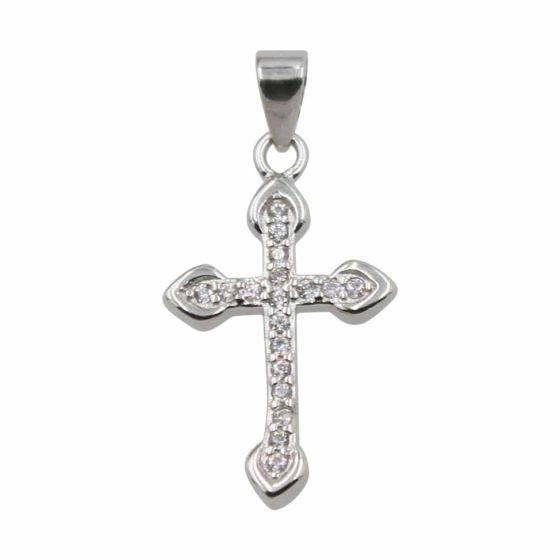 Rhodium plated sterling Silver cross pendant with Clear cubic zirconia stones.
