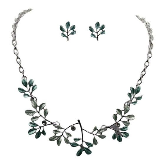 Rhodium colour plated enameled necklace and earring set in a leaf design .

Sold as a pack of 3 