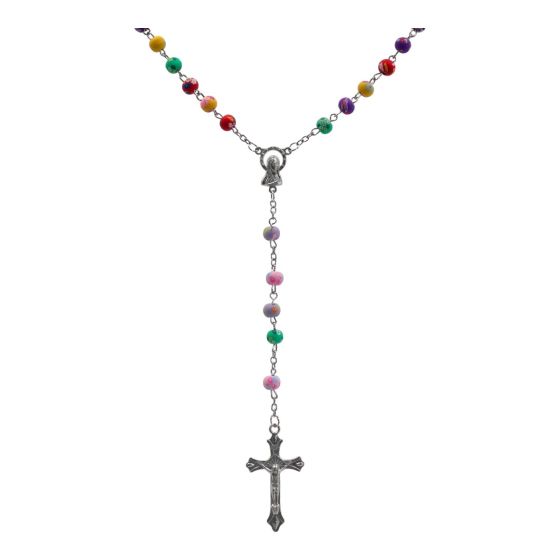 Rhodium colour plated rosary bead necklace with multicolour fimo beads.
