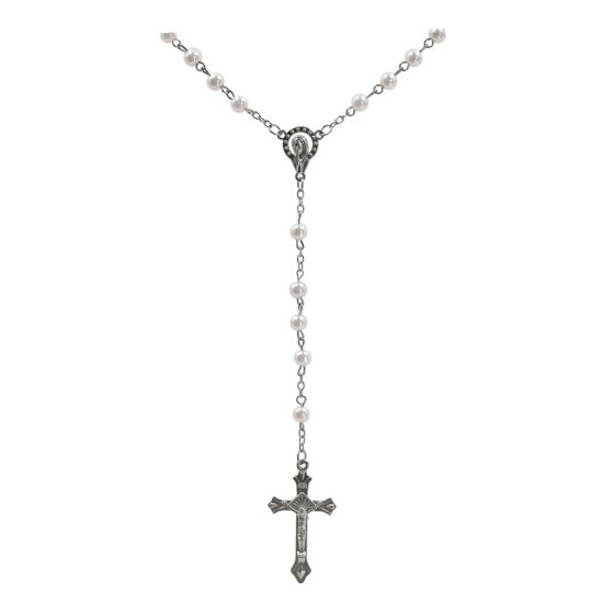 Rhodium colour plated rosary necklace with White imitation pearl beads, supplied in a rectangular plastic box.
