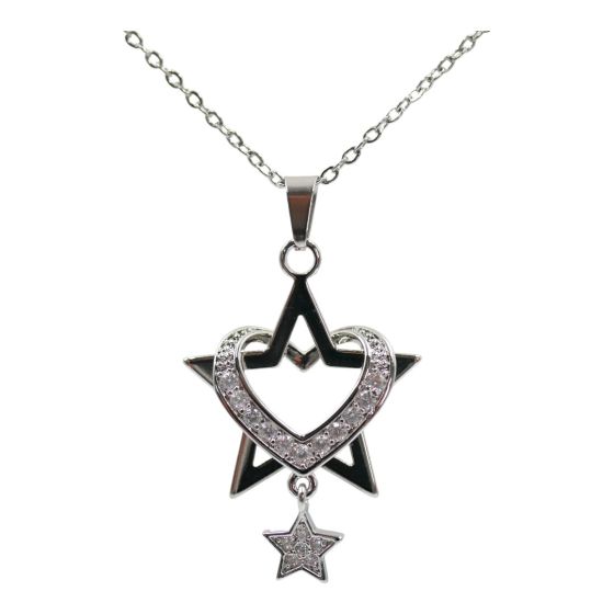 High quality, Star and heart design pendant with genuine Clear crystal stones.
Rhodium colour plated, coated on top of Copper base metal.
