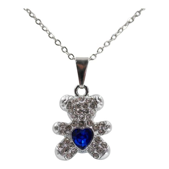 Rhodium colour plated teddy design pendant  with genuine crystal stones.
