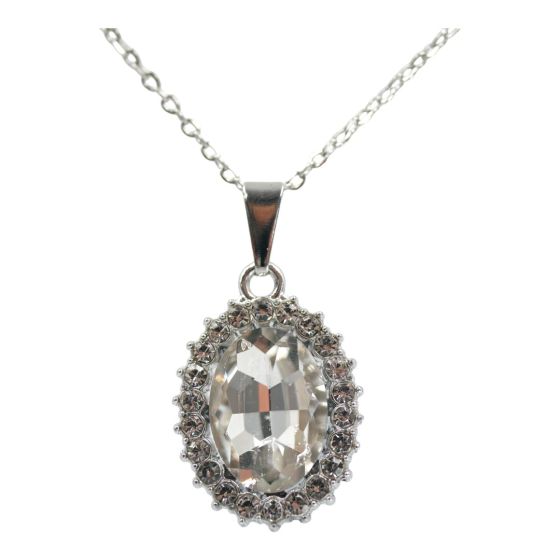 Rhodium colour plated oval design pendant with genuine crystal stones
