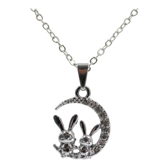 Rhodium colour plated moon and bunny design pendant  with genuine crystal stones.
