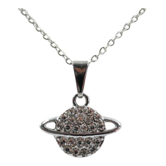 Rhodium colour plated Saturn design pendant  with genuine crystal stones.
