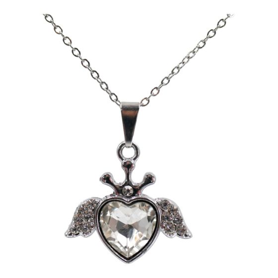 Rhodium colour plated heart, wing and crown design pendant  with genuine crystal stones.
