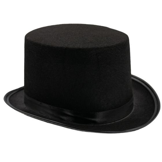 Black medium top hat decorated with Black satin and a leatherette trim.
