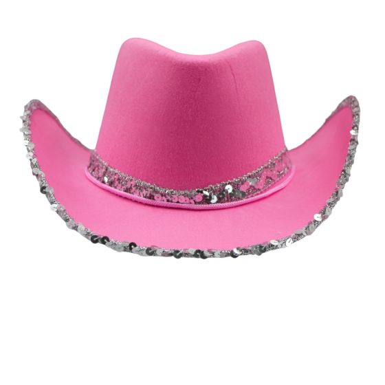 Cowboy hat with a Silver colour sequin trim.
one size.
