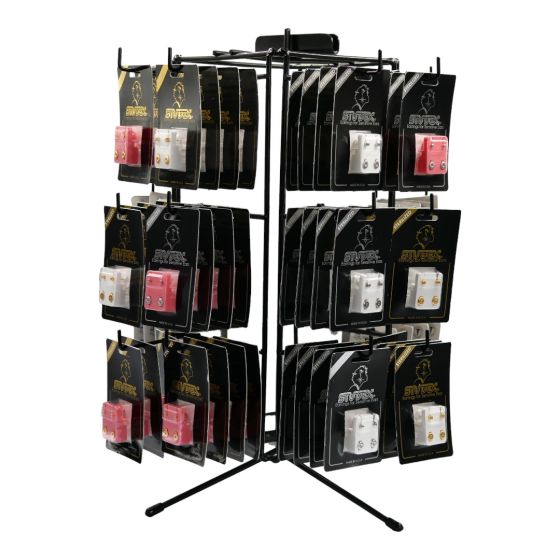 Studex sensitive spin display stand and earrings.
4 sided Black metal display stand comes with 96 pairs of Studex piercing earrings.
In assorted styles, colours and sizes.
Supplied in sterilised carded pair blister packs.
Ideal counter top size.
Stan