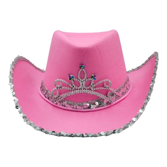 Cowboy hat with a Silver colour sequin trim and tiara.
one size.
