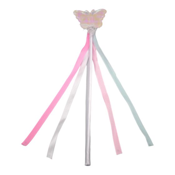 Girls iridescent butterfly wand decorated with Pink, Baby Pink, White and pale Green satin ribbon, feathers and tinsel.
