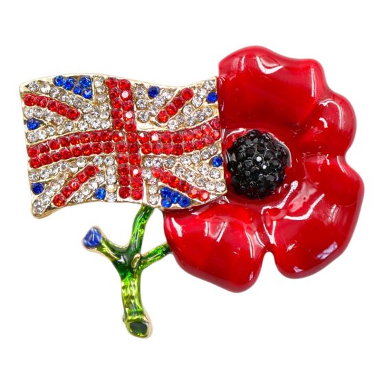 Venetti collection, Gold colour plated Union Jack flag and poppy brooch with Jet, Siam and Sapphire genuine crystal stones and coated with Red, Green and Blue enamelling.
