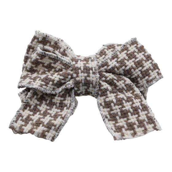 Taupe and White houndstooth tweed bow concord with Gold colour lurex threads.
