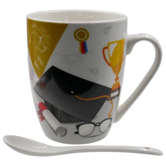 Graduation print design cup and spoon gift set.
