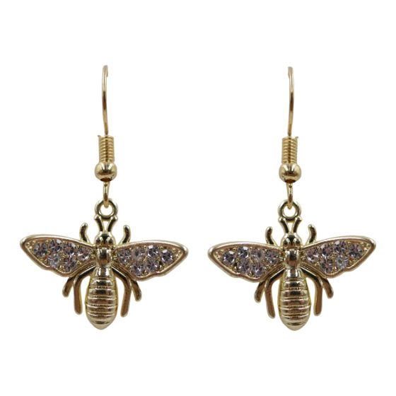 Gold colour plated, Bee design pierced drop earrings with genuine Clear crystal stones.
