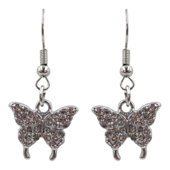 Rhodium colour plated, butterfly design pierced drop earrings with genuine Clear crystal stones.
