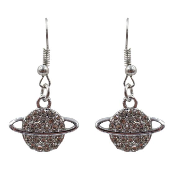 Rhodium colour plated, saturn design pierced drop earrings with genuine Clear crystal stones.
