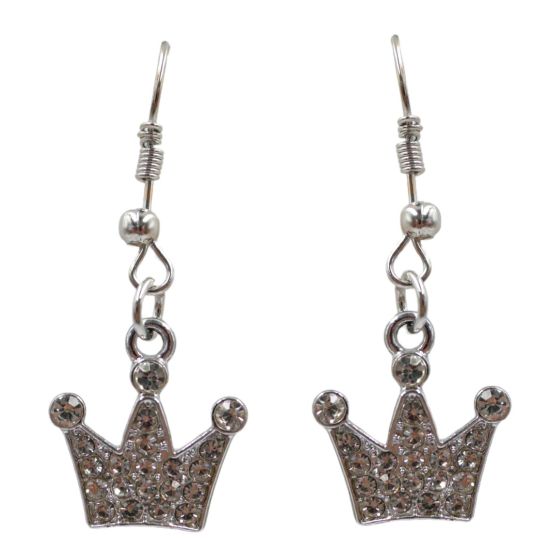 Rhodium colour plated, crown design pierced drop earrings with genuine Clear crystal stones.
