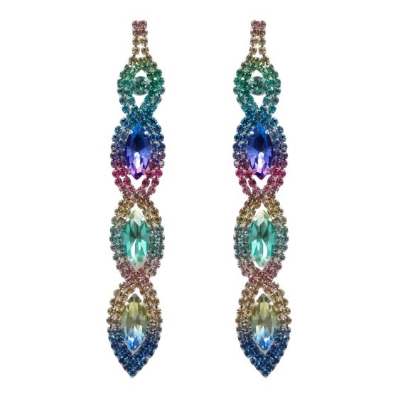 Rhodium colour plated pierced drop earrings with multicolour genuine crystal stones.
