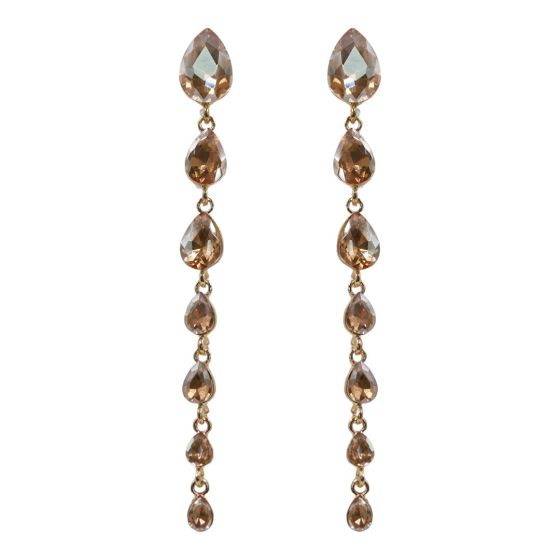 Gold colour plated pierced drop earrings with faceted Topaz stones.
