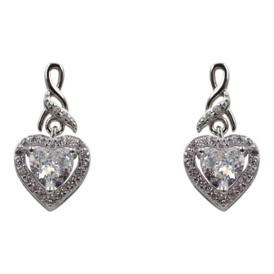 Rhodium plated sterling Silver heart design drop earrings with Clear cubic zirconia stones.
